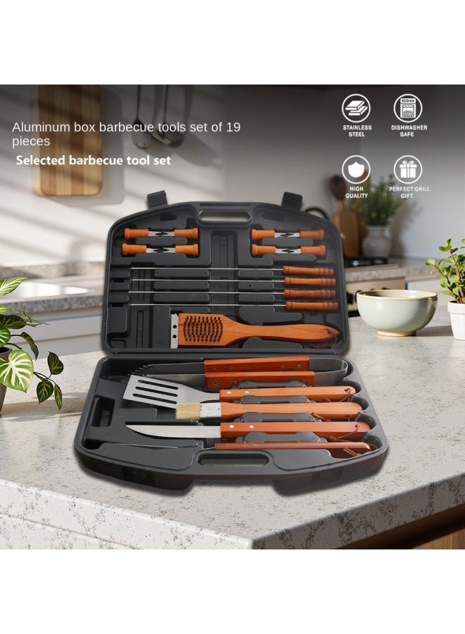 عام طقم أدوات شوي 19 قطعة ستانلس ستيل مع مقبض خشبي ومقاوم للحرارة أدوات شوي خارجية مع علبة تخزين - Image 2